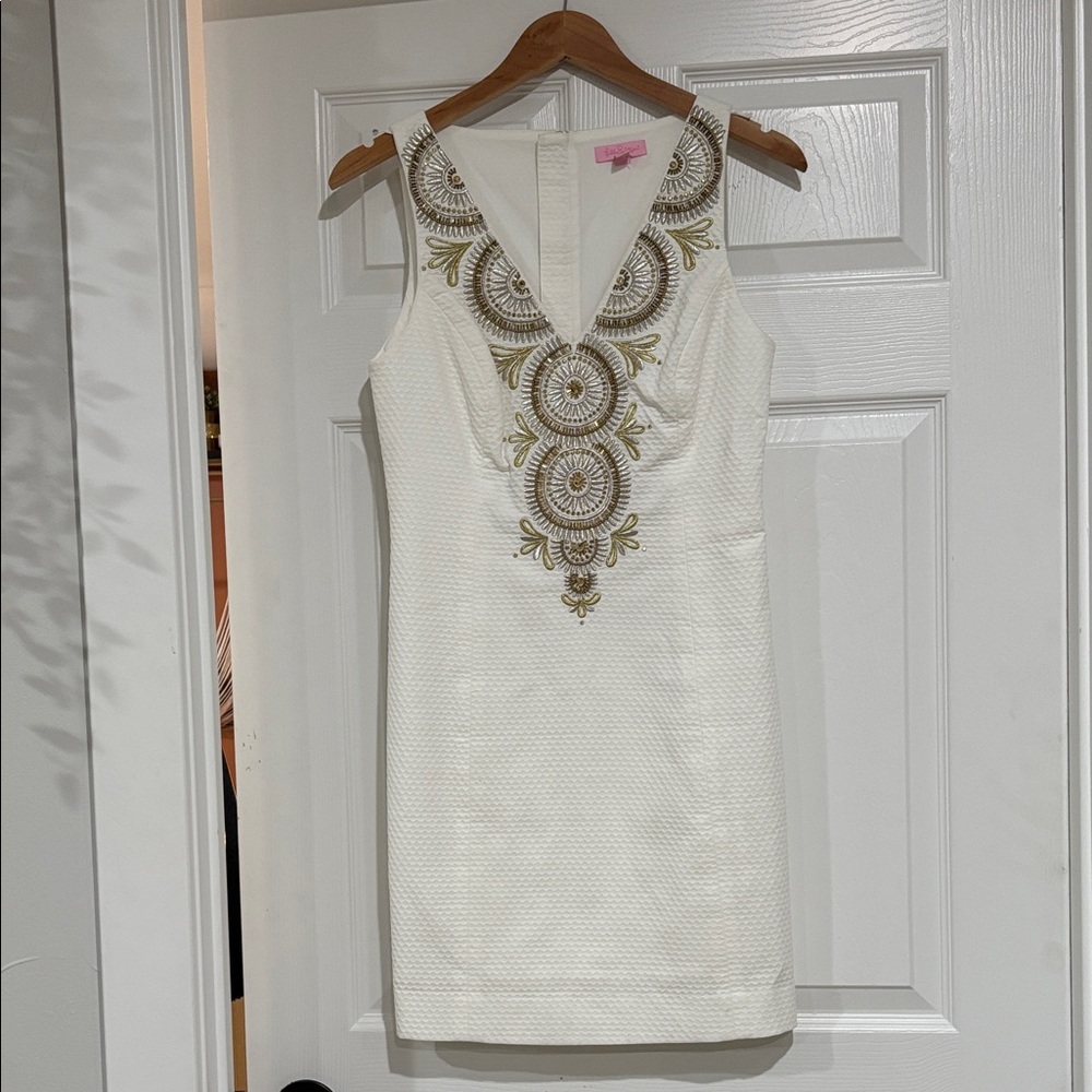 Lilly Pulitzer White Sleeveless Shift Dress with Gold Embellishment